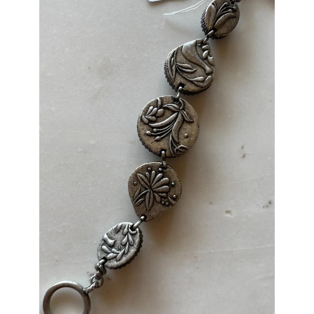 LUCKY BRAND Vintge Reversible Silver Tone Link Bracelet Toggle 8” Green Stones